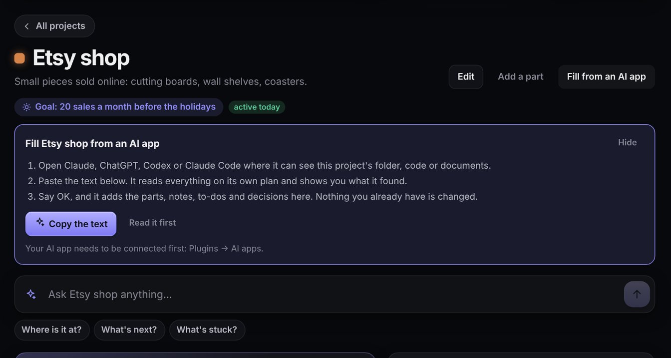 A project page in Mindwren with the Fill from an AI app box: three steps and a Copy the text button